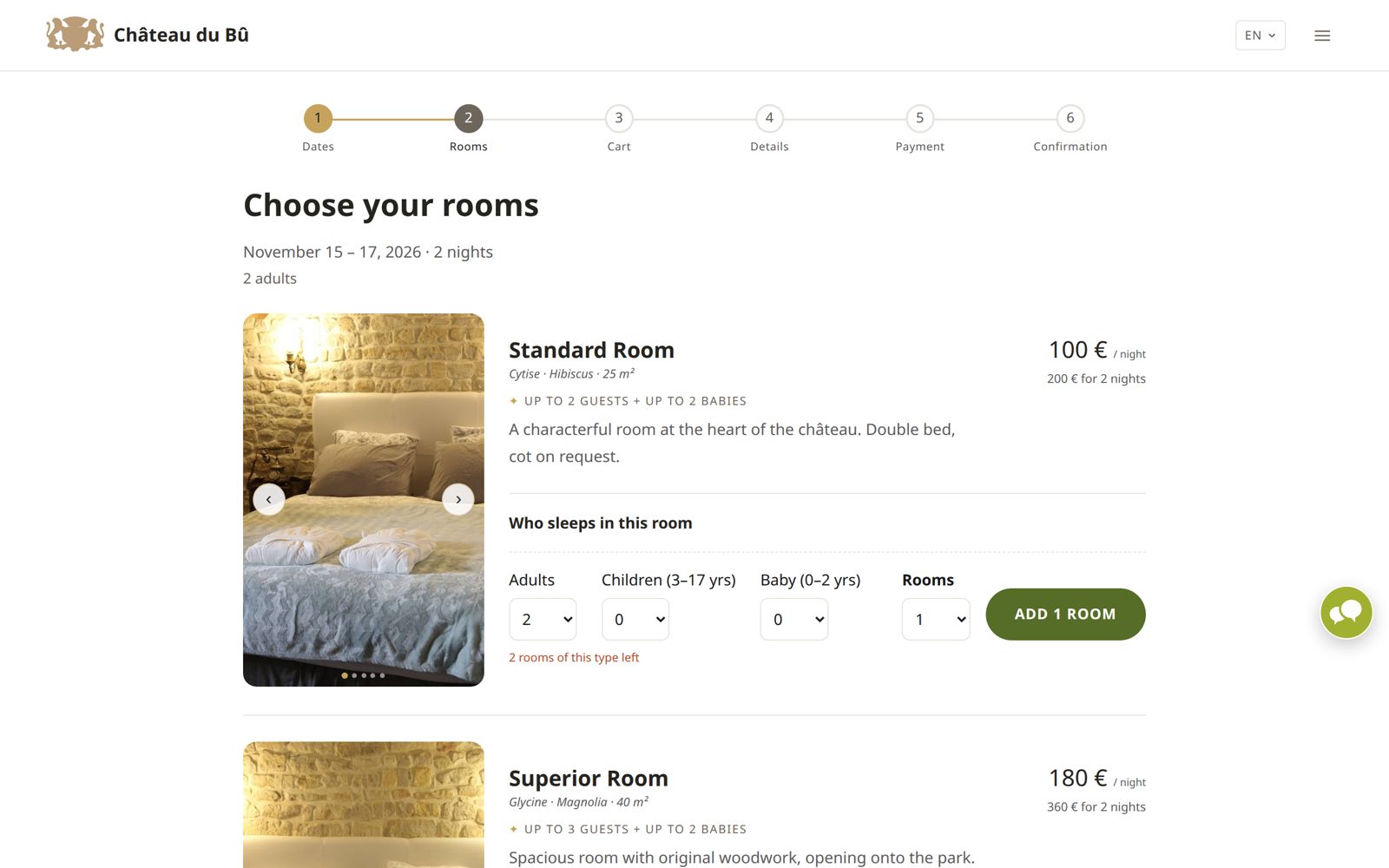 The live booking page of Château du Bû, rooms step